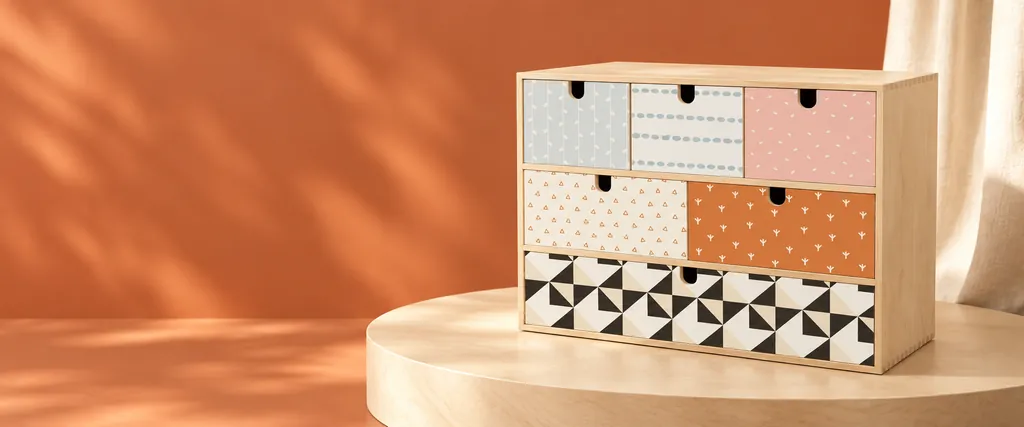 Commode à six tiroirs habillée de motifs coordonnés, posée sur un plateau rond en bois devant un mur terracotta ensoleillé