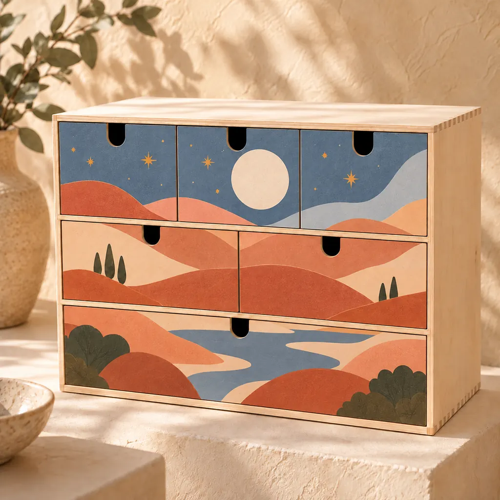 Commode à six tiroirs habillée d’une illustration de collines terracotta, de rivière et de pleine lune sous un ciel étoilé