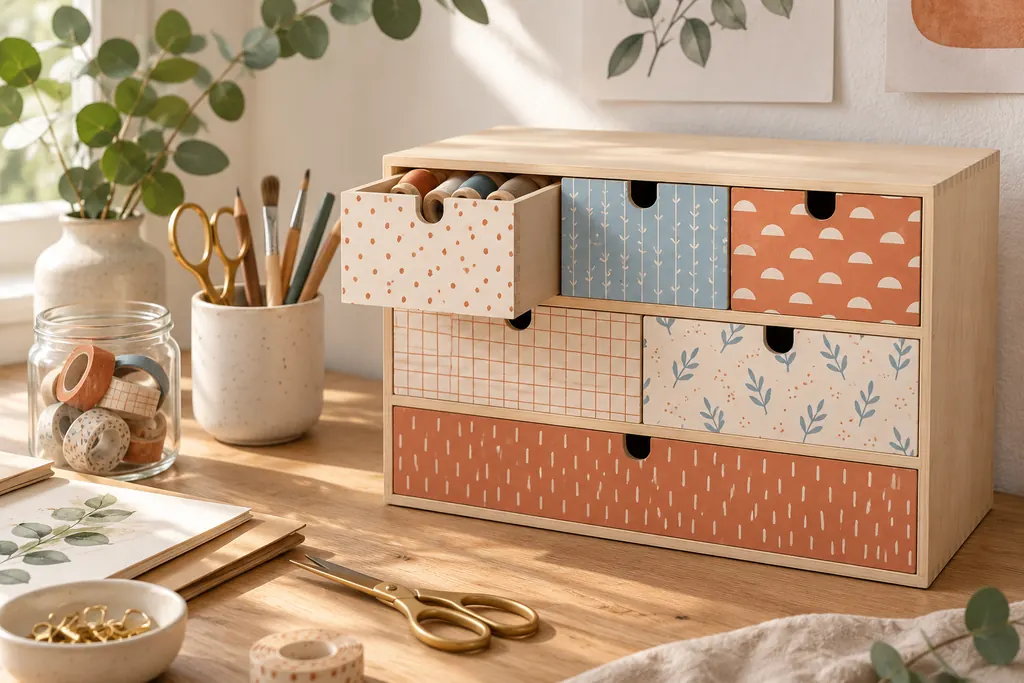 Commode habillée de motifs pastel sur un bureau d’atelier, un tiroir ouvert sur des rouleaux de ruban, ciseaux et pinceaux autour
